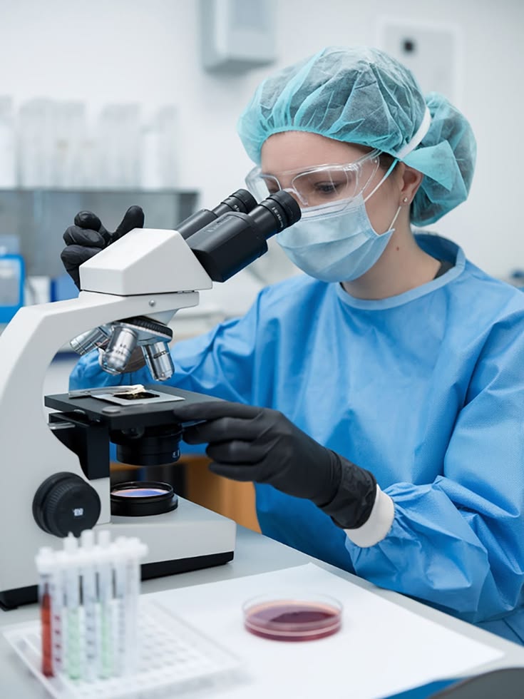 Healthcare scientist checking a sample through a microscope